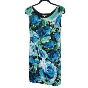Signature Sadie Womens Sz 14P Blue Green Floral Sleeveless Dress